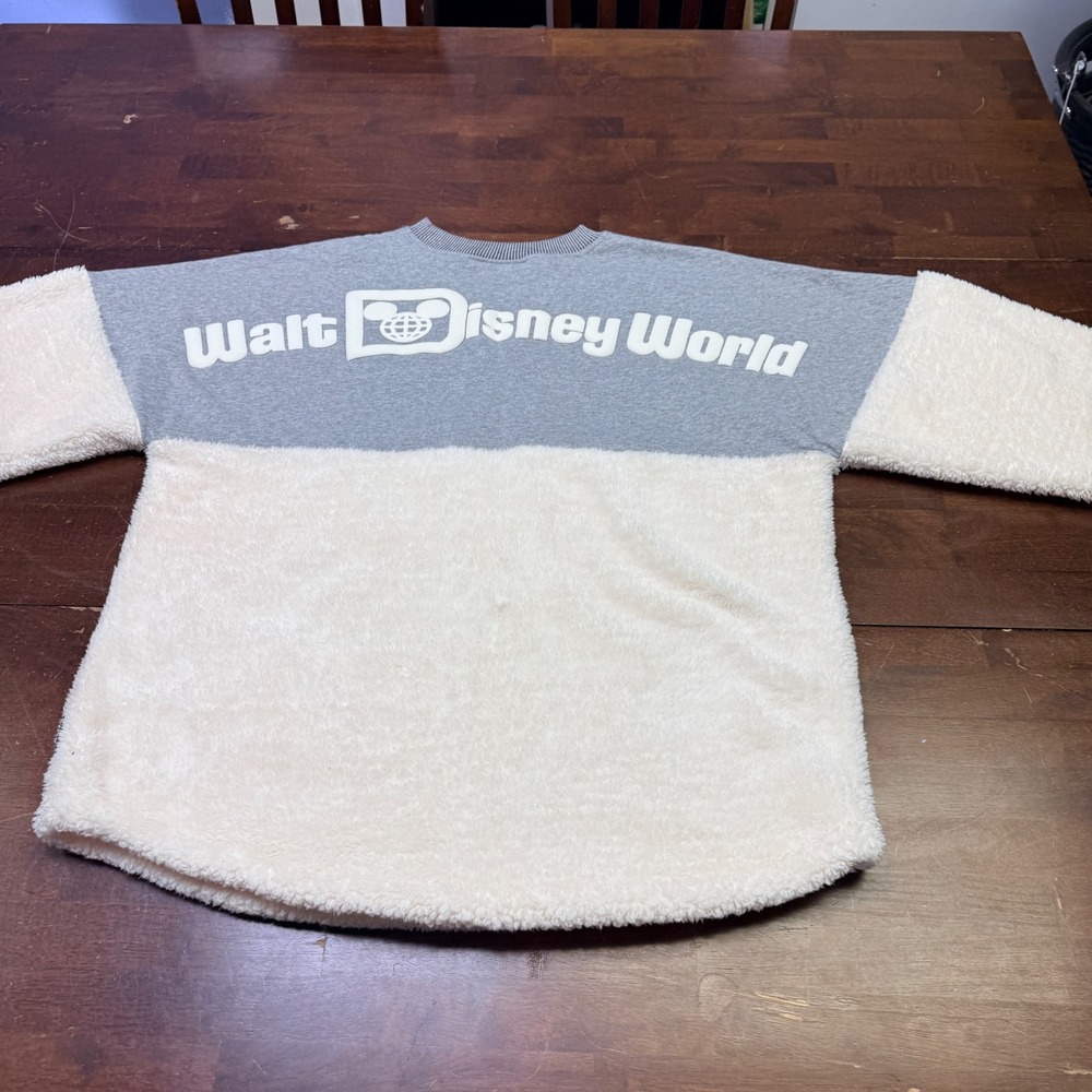 Walt Disney World Spirit Jersey Sherpa‎ Fleece Sweatshirt Gray Cream Size Lare